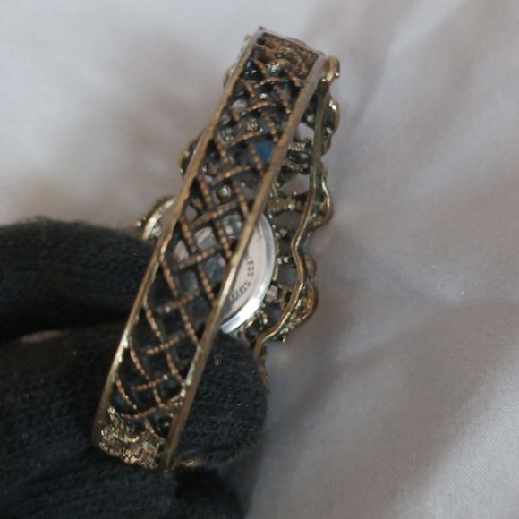 Victorian Era Type design brass colored bangle watch timepiece red brown stones - Picture 6 of 9